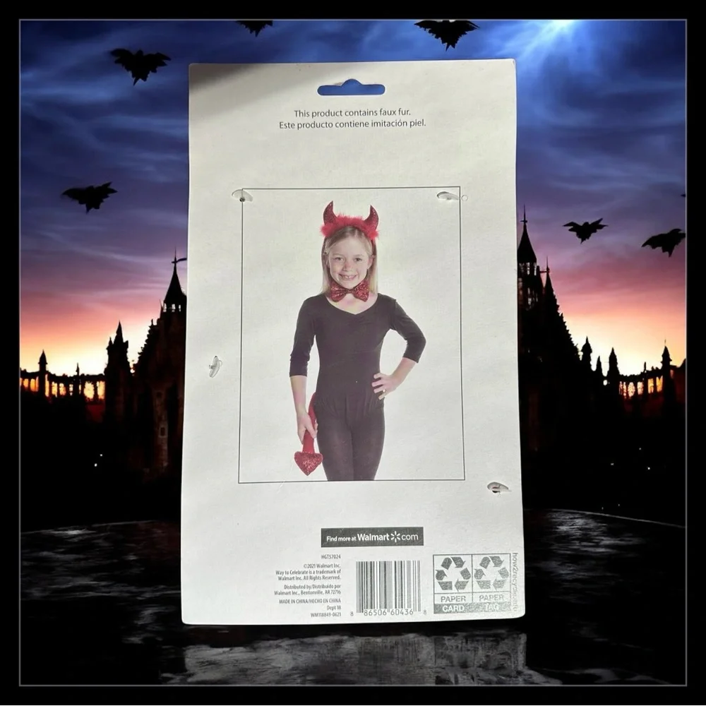 Sparkly Red Devil Costume Kit - 3 piece set- Bow tie, Tail, & Headband w/ horns - Picture 3 of 4